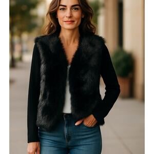 Lisa International Sweater Black LG Cardigan with Faux Fur Collar Down the Front